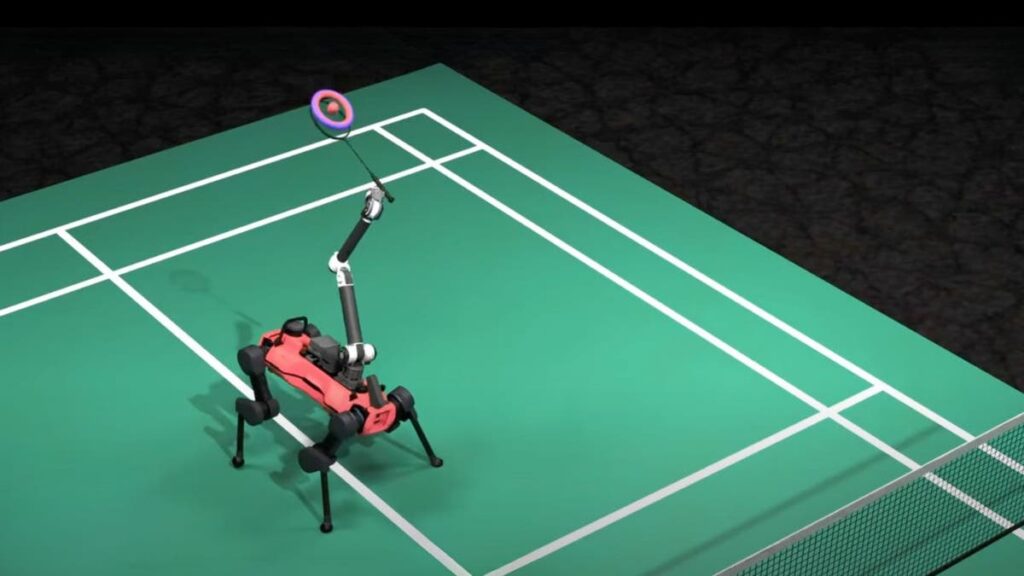 The quadruped robot touches badminton with you with ai